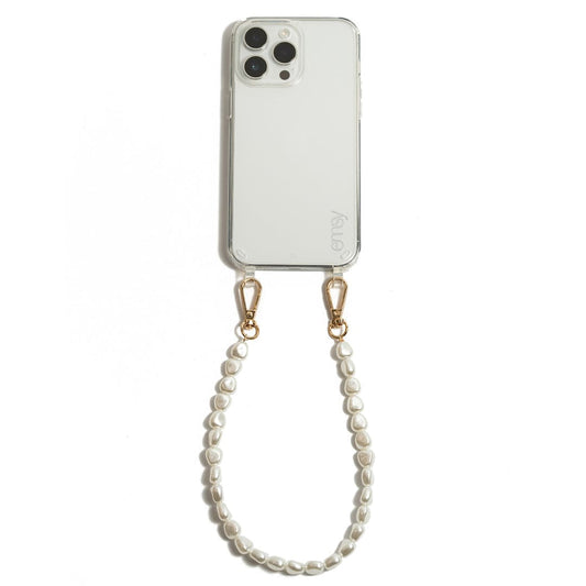 Pearl-style phone case strap with gold clasps, elegant and detachable for a chic upgrade to any phone case or bag.
