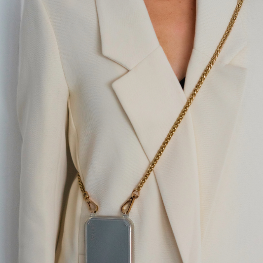 Close-up of the Casablanca adjustable crossbody strap in premium vegan leather, featuring a sleek, clear design with gold hardware. Perfect for hands-free phone cases and wristlets, adding style and functionality to any outfit.