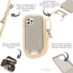 Universal phone patch designed to convert any iPhone, Samsung, or Huawei model into a crossbody phone case. This versatile accessory features a durable adhesive back that attaches securely to your smartphone, allowing you to add a crossbody strap for hands-free convenience.