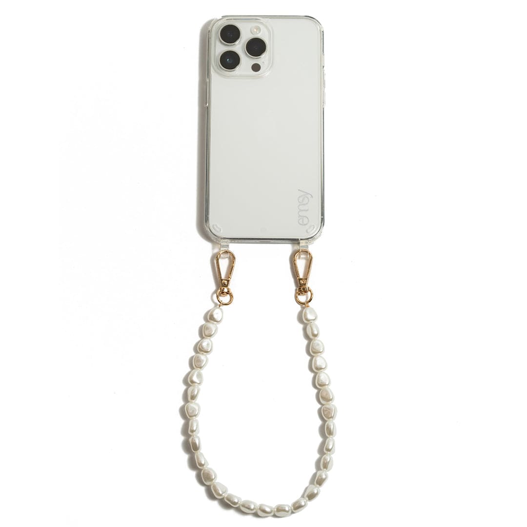 Pearl-style phone case strap with gold clasps, elegant and detachable for a chic upgrade to any phone case or bag.
