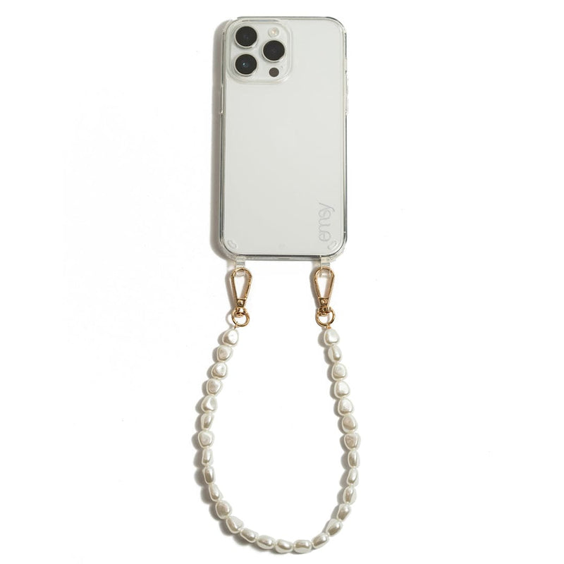 Pearl-style phone case strap with gold clasps, elegant and detachable for a chic upgrade to any phone case or bag.
