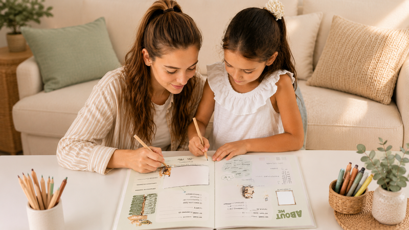 A smiling mum and her young daughter sitting together, happily writing in a colourful kids friendship memory book. They are filling out pages of this keepsake journal designed for primary school friends. The open book features fun prompts and spaces for drawings. A beautiful childhood keepsake and perfect gift for kids to capture school memories. Perth Zoo, Kingspark Shop