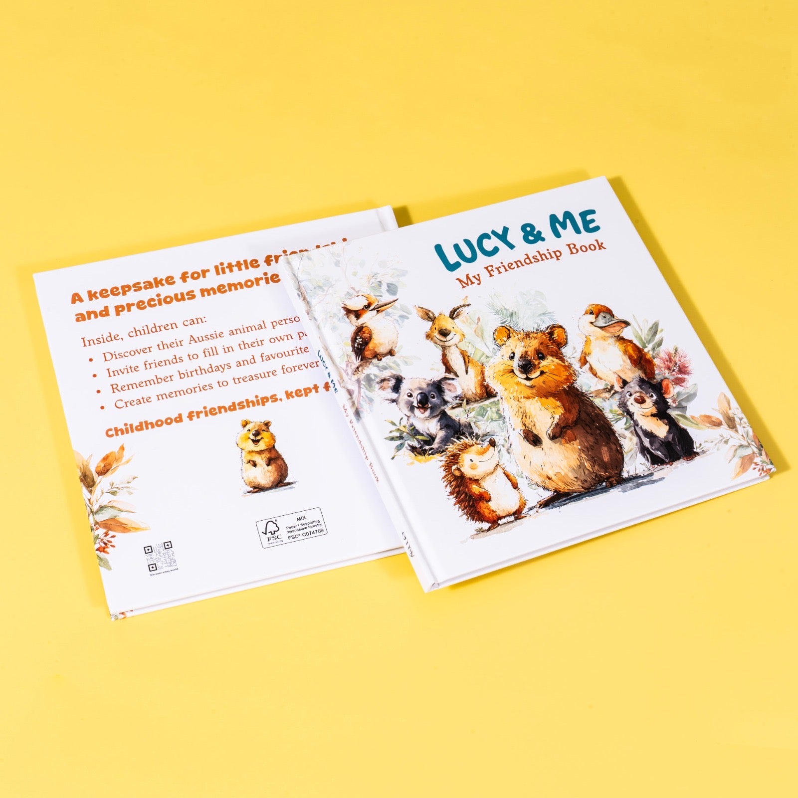 A beautifully illustrated children's friendship keepsake book displayed on a neutral background. A perfect primary school and kindy memory album for Australian kids to collect classmate messages and school year milestones.