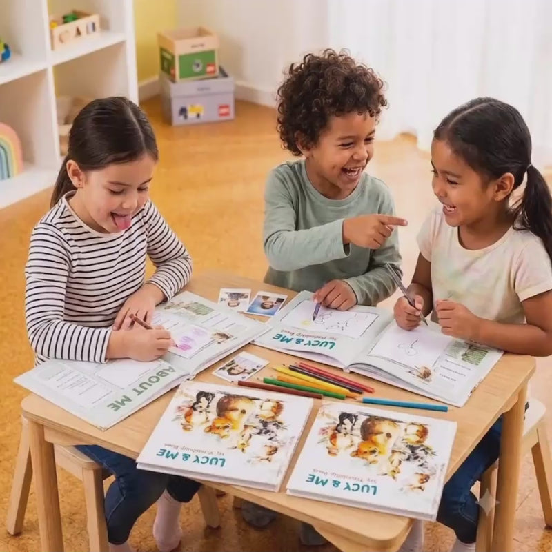 Lucy & Me: My Friendship Book. On the left, a girl in a striped shirt fills out an "ABOUT ME" page. In the center, a boy in a green shirt laughs and points at another open book with a drawing. On the right, a girl in a t-shirt holds a pencil, smiling. On the table are pencils, a crayon, and small photos. In the background is a children's playroom with shelves and wooden boxes
