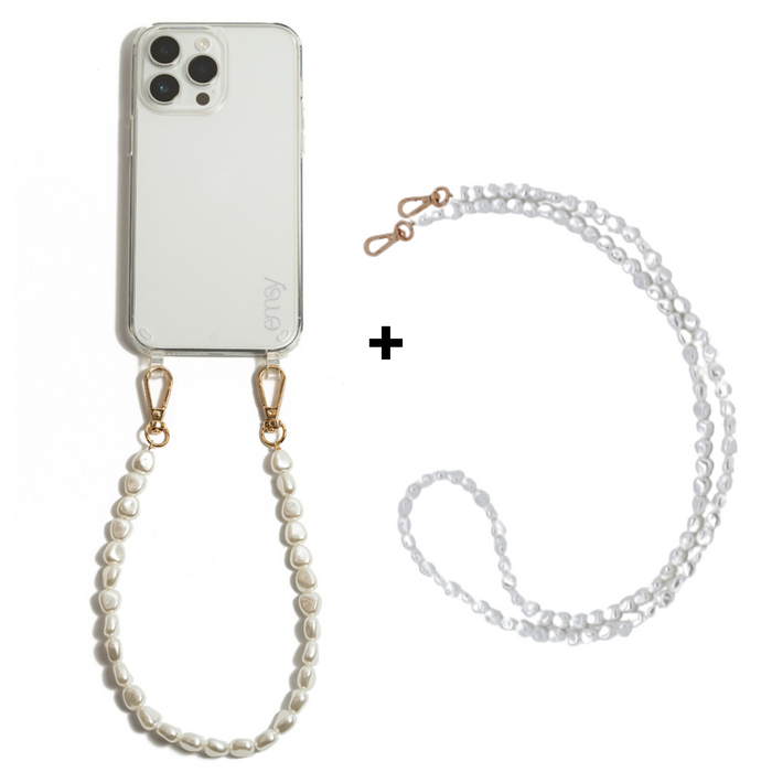 Clear phone case with pearl short strap and long pearl crossbody chain, detachable gold clasps, chic and practical combo set.
