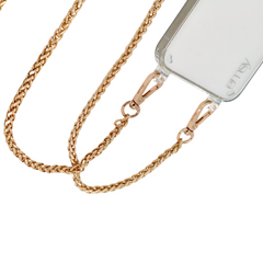 Close-up of the Casablanca adjustable crossbody strap in premium vegan leather, featuring a sleek, clear design with gold hardware. Perfect for hands-free phone cases and wristlets, adding style and functionality to any outfit.