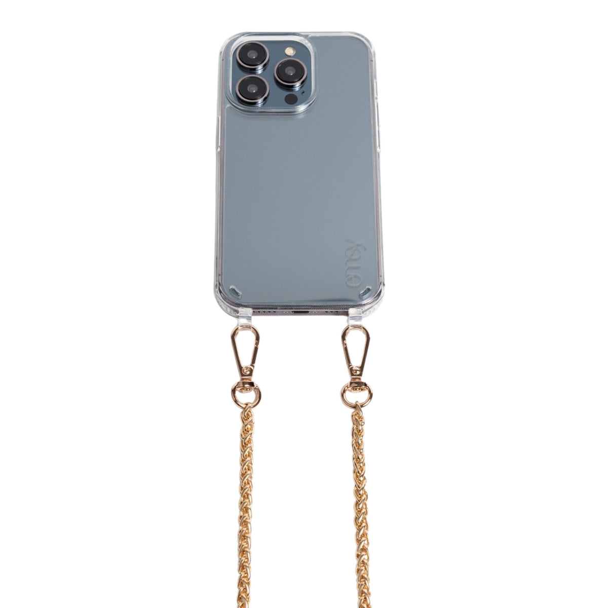 Close-up of the Casablanca adjustable crossbody strap in premium vegan leather, featuring a sleek, clear design with gold hardware. Perfect for hands-free phone cases and wristlets, adding style and functionality to any outfit.