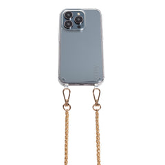 Close-up of the Casablanca adjustable crossbody strap in premium vegan leather, featuring a sleek, clear design with gold hardware. Perfect for hands-free phone cases and wristlets, adding style and functionality to any outfit.